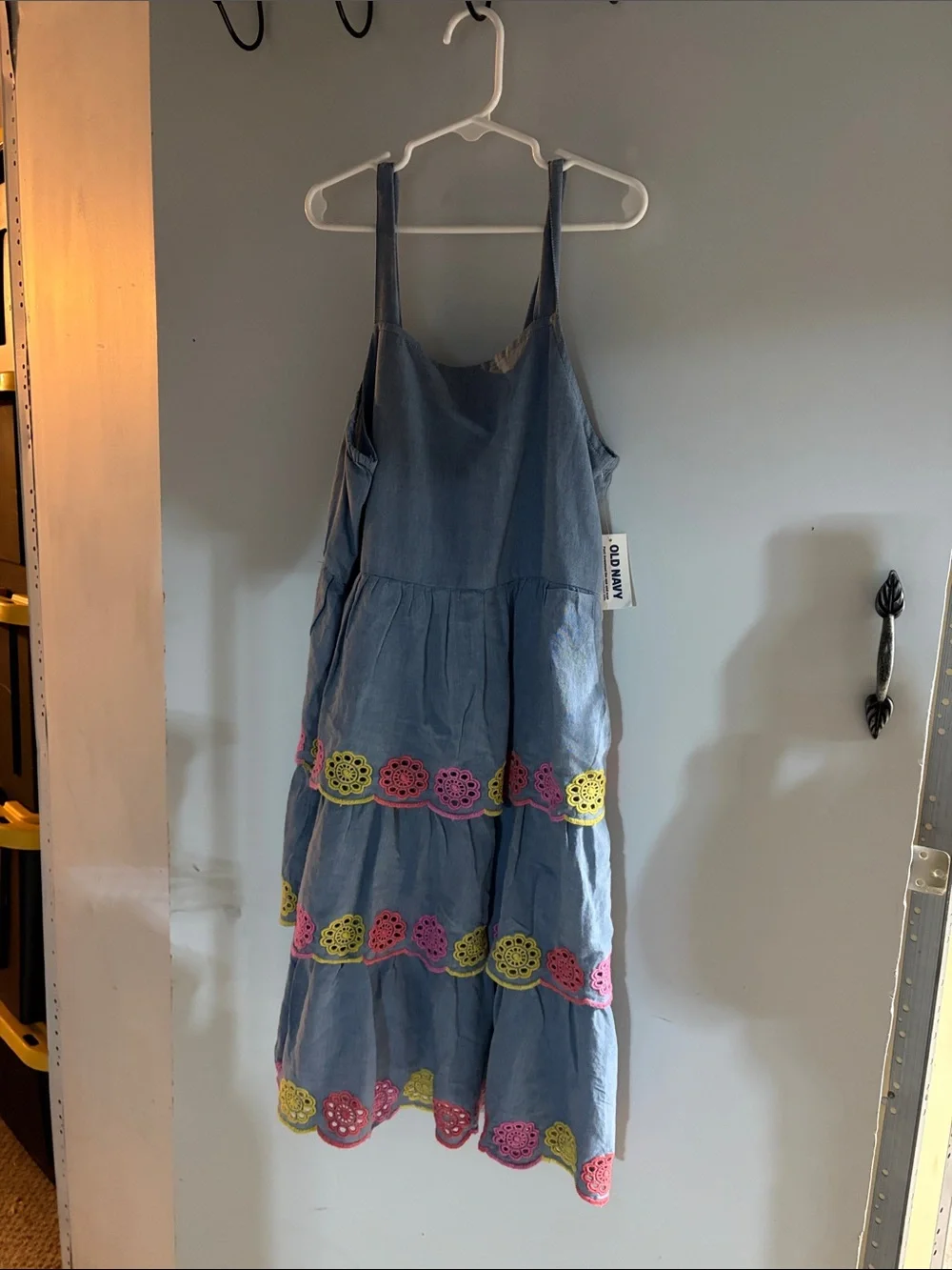 Old Navy Blue Tiered Sundress with Pink & Yellow Crochet Trim - NEW WITH TAGS